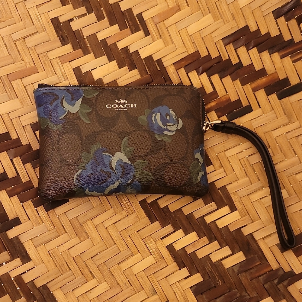 Coach Brown and Blue Floral Wristlet